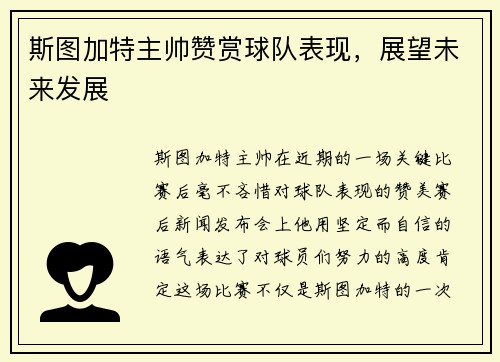 斯图加特主帅赞赏球队表现，展望未来发展