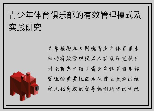 青少年体育俱乐部的有效管理模式及实践研究