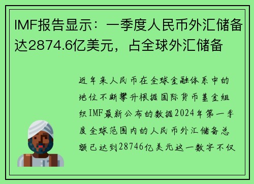 IMF报告显示：一季度人民币外汇储备达2874.6亿美元，占全球外汇储备