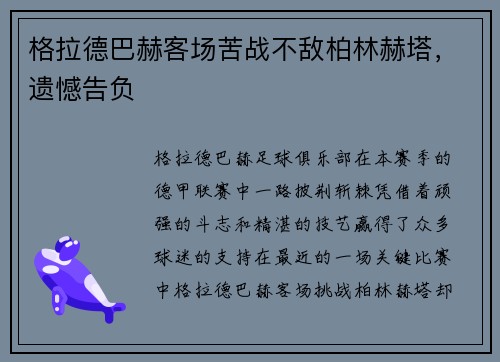 格拉德巴赫客场苦战不敌柏林赫塔，遗憾告负