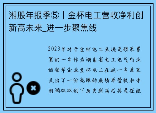 湘股年报季⑤｜金杯电工营收净利创新高未来_进一步聚焦线