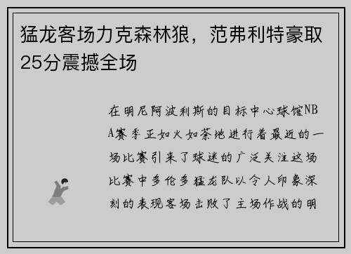 猛龙客场力克森林狼，范弗利特豪取25分震撼全场