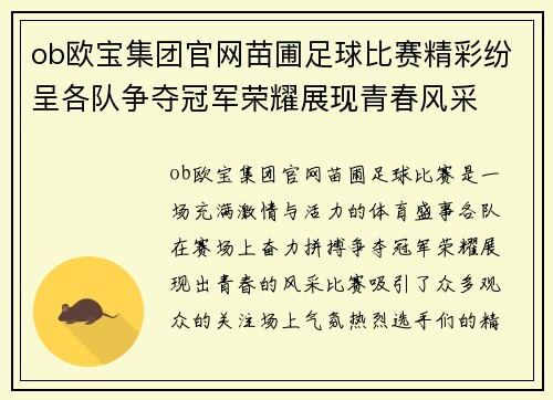 ob欧宝集团官网苗圃足球比赛精彩纷呈各队争夺冠军荣耀展现青春风采